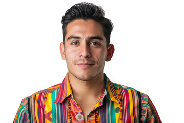 A young South American businessman in a vibrant, colorful shirt, white background.