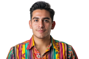 A young South American businessman in a vibrant, colorful shirt, white background.