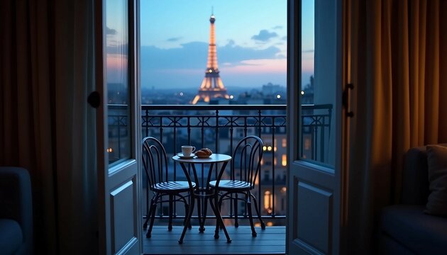 Hotel balcony view of the Eiffel Tower, featuring a minimalist setup with coffee.






