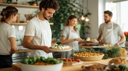 Gathering Together: A Heartwarming Thanksgiving Meal Preparation with Loved Ones in a Cozy Kitchen Setting
