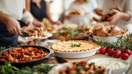 Obraz premium A Cozy Thanksgiving Dinner Preparation with Delicious Dishes and Family Gathering Around the Festive Table