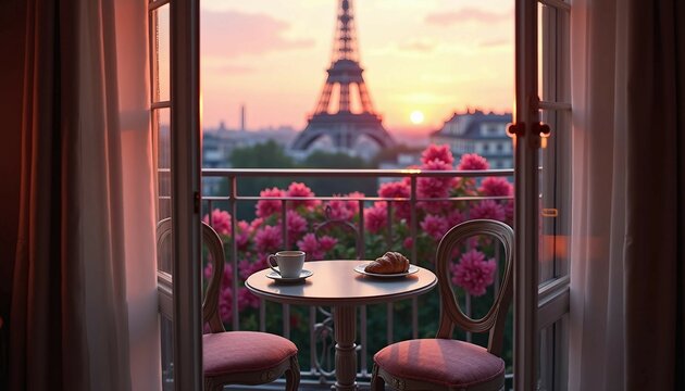 Hotel balcony view of the Eiffel Tower, featuring a minimalist setup with coffee.







