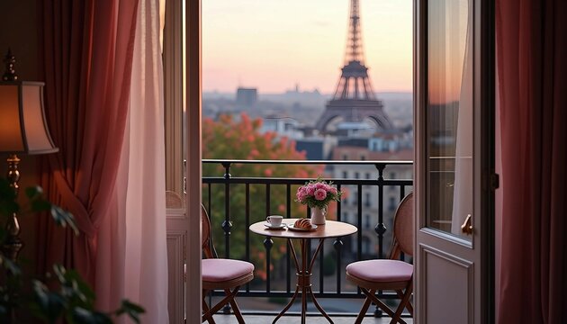 Hotel balcony view of the Eiffel Tower, featuring a minimalist setup with coffee.






