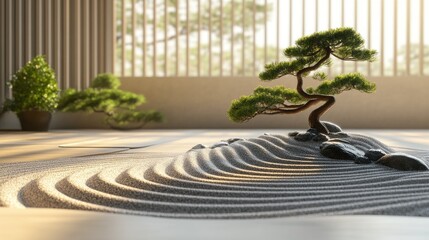 A peaceful zen garden with smooth pebbles, raked sand patterns, and a small bonsai tree, perfect for a calming, meditative wallpaper.