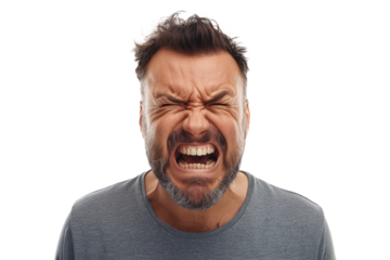 Facial expression of a man grimacing, internal turmoil or psychological pain, isolated on white.