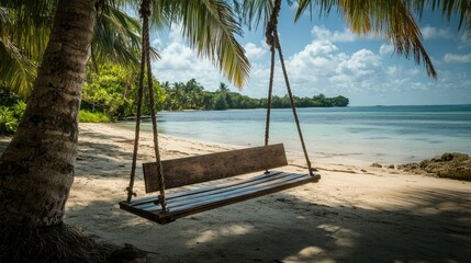 A rustic wooden swing hanging from a palm tree at a stunning beach, epitomizing the perfect holiday escape.