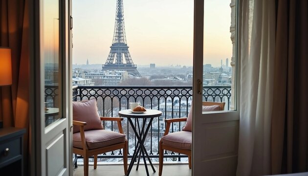 Hotel balcony view of the Eiffel Tower, featuring a minimalist setup with coffee.






