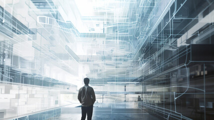 A man stands in a large, empty room with a computer screen in front of him