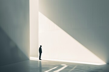 A person standing in a minimalist architectural space with natural light