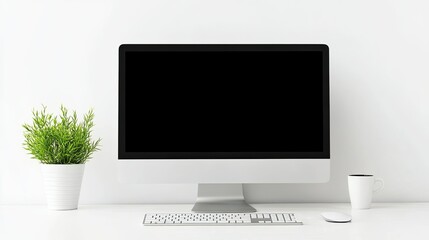 Fototapeta premium A sleek, minimalist desk setup featuring a computer, keyboard, and a potted plant, with a plain background. Perfect for a modern, uncluttered look.