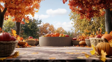 Autumn Stage Mock-Up with Podium, Harvest Elements, and Changing Leaves in a Serene Setting. AI generated illustration