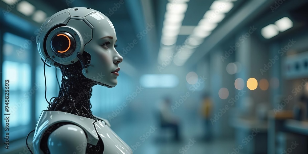 Poster advanced humanoid robot: futuristic female android with illuminated eye in high-tech laboratory envi