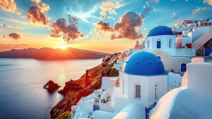 Obraz premium A stunning view of Santorini white architecture and blue domes, set against a backdrop of a vivid sunset, capturing the island's unique beauty.