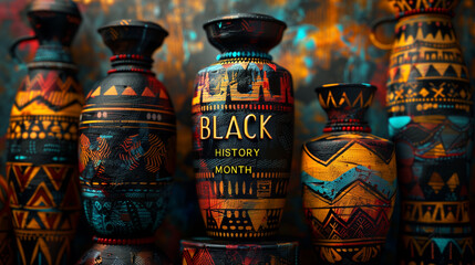 Colorful African pottery with tribal patterns and "Black History Month".