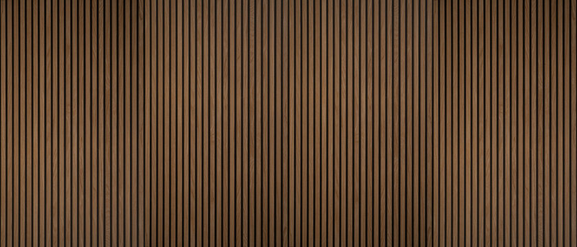 Wood background banner panorama long - Brown wooden acoustic panels wall texture , seamless pattern, vertical - Powered by Adobe