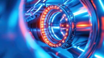 Close-up of a futuristic machine component illuminated with vibrant blue and orange lights, showcasing advanced technology.