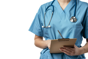 A nurse in scrubs, wearing a stethoscope around her neck, holding a clipboard, white background.