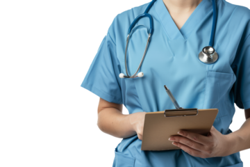 A nurse in scrubs, wearing a stethoscope around her neck, holding a clipboard, white background.