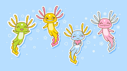 Set of cute cartoon axolotles stickers  - funny animals for Your happy design