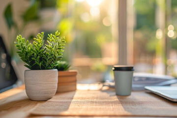 Fototapeta premium Workspace with potted plants and inspirational quotes on a light wood texture background.