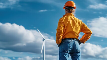 Naklejka premium Woman in hard hat admires wind turbine under a clear sky, symbolizing renewable energy and environmental awareness.