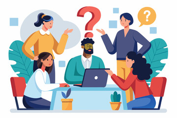 Ask questions for help or solution, confusion, doubt or query for answer and information, business discussion to solve problem concept, business people employee ask questions with question mark signs
