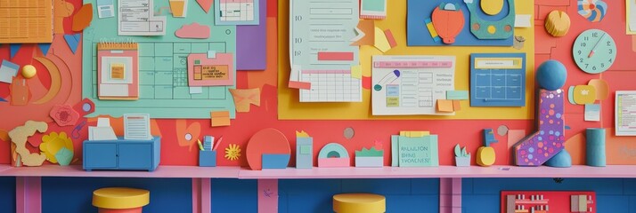 A whimsical paper-cut scene of a colorful bulletin board filled with playful shapes, reminders, and decorations. The scene symbolizes organization, creativity, and a positive work environment.