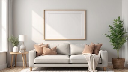 A mockup of a blank poster frame sitting on top of a sofa, contemporary style living room