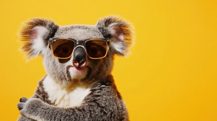Adorable koala wearing sunglasses, striking a playful pose against a bright yellow background, full of personality.