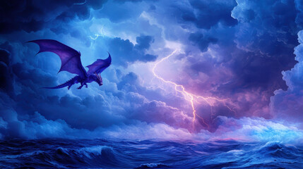 Fantasy dragon soaring through stormy skies above turbulent ocean waves with dramatic lightning and vibrant clouds in the background
