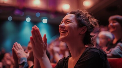 A woman with curly hair, wearing a black top, sits in the audience of a theatre, clapping enthusiastically. The lights of the stage illuminate her face, showcasing her genuine joy and admiration. The 