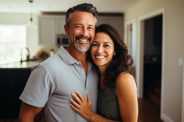 Obraz premium Portrait of a smiling middle aged Hispanic couple in new home