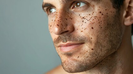 Obraz premium Close-up Portrait of a Man with Birthmarks on His Skin Against a Grey Background, Showing Facial Features and Skin Texture