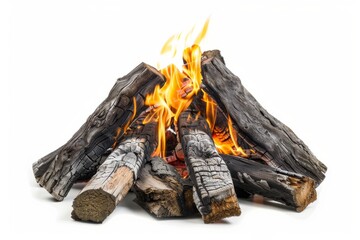 Brightly burning fire logs partially burned down