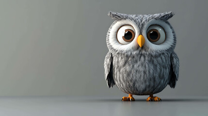 Cute cartoon owl with big eyes standing on a grey background.