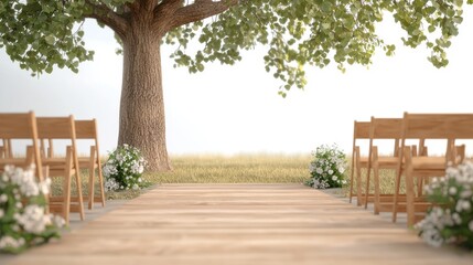 Wedding ceremony under an oak tree, rustic decor, 3D illustration