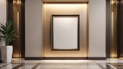 A mockup of a blank poster frame sitting inside a luxurious hotel lobby, beside the elevator