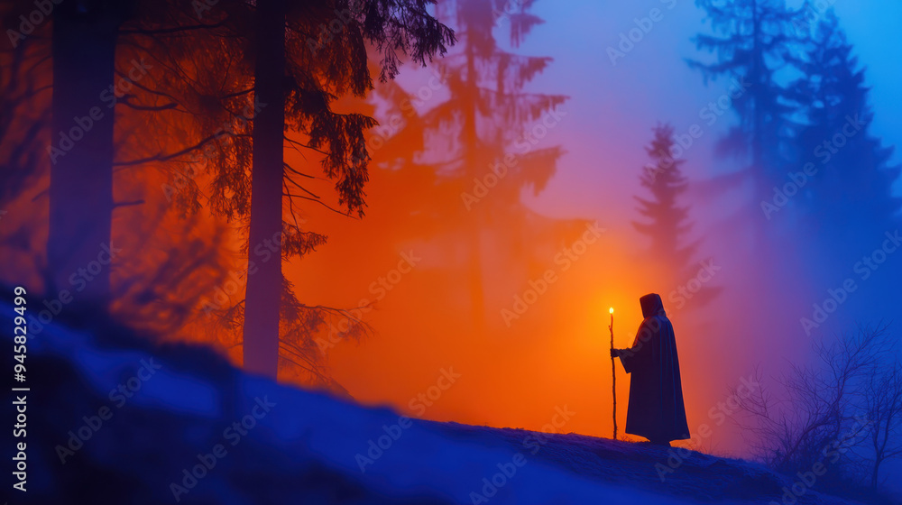 Poster mysterious figure holding a torch in a foggy forest illuminated by orange and blue light during twil