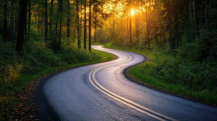 Fototapeta premium Beautiful road winding through a forest at sunrise, symbolizing a fresh start and serene journey.