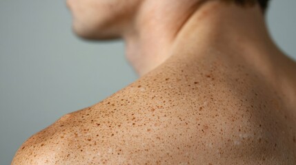 Fototapeta premium Close-up of a Man's Shoulder Covered in Birthmarks Against a Grey Background, Depicting Skin Texture and Unique Beauty