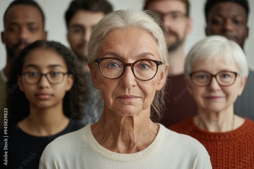 Poster a diverse group of individuals stands in close formation, reflecting unity among various ages and et