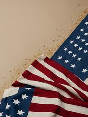 Diagonal red, white, and blue stripes framing an American flag-inspired beige background with scattered stars