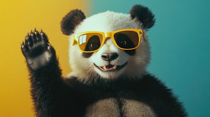 Fototapeta premium Big panda with a trendy look, wearing yellow sunglasses and waving, exuding confidence and flair.