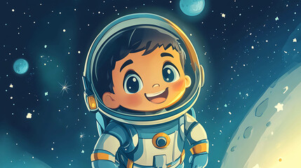 Cute cartoon astronaut boy with a big smile floating in space.