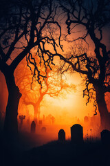 Atmospheric view of a misty graveyard at sunset with silhouetted trees and tombstones creating an eerie mood