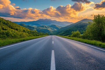 Asphalt highway road and green mountain with sky clouds at sunset , ai