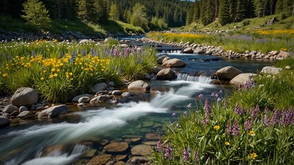A springtime stream rushing down the mountains, with vibrant wildflowers blooming on both sides, clear water revealing the fish playing within.