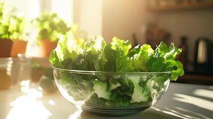 Bowl of fresh lettuce on a kitchen table, sunlight streaming in, creating a bright and healthy scene.
