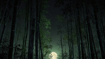 Fototapeta premium Moonlight filtering through a serene bamboo forest, with bamboo leaves gently swaying in the breeze, creating a mysterious and tranquil atmosphere.