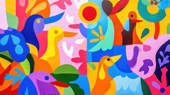Colorful abstract mural featuring various stylized birds and vibrant shapes against a bright, cheerful background